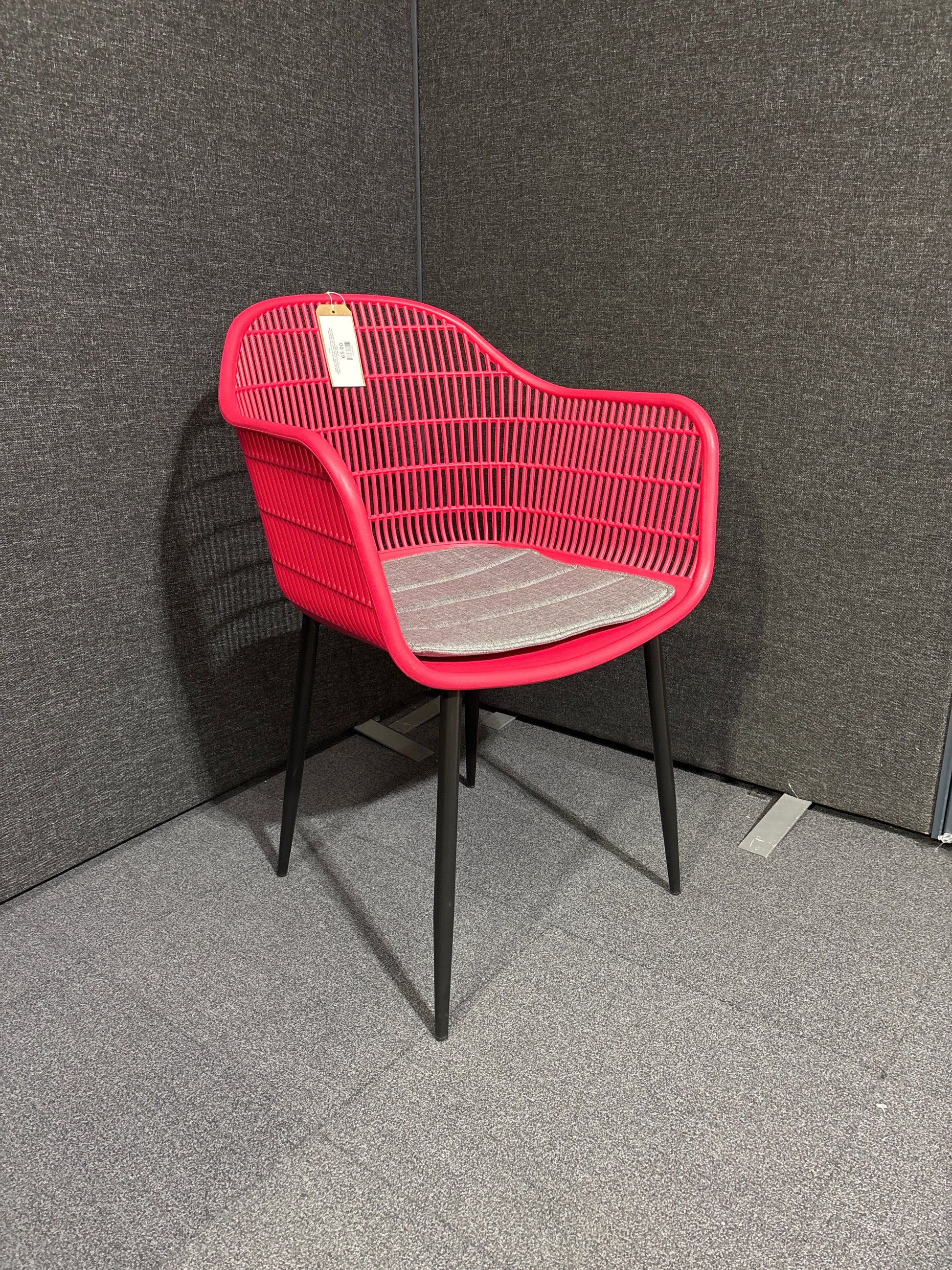 NEW Metro INDOOR OR OUTDOOR dining chair, RASPBERRY RED moulded plastic with tailored fabric seat. OTHER COLOURS AVAILABLE. LARGE QTYS AVAILABLE