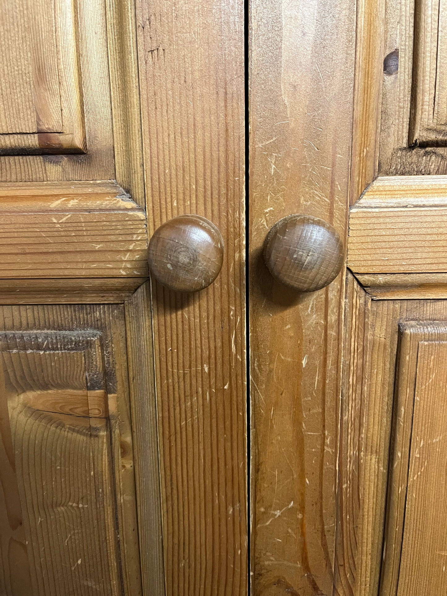 Solid tall pitch pine 3 door 4 drawer wardrobe with ornate pelmet (1480Wx2050Hx630D mm) 1225