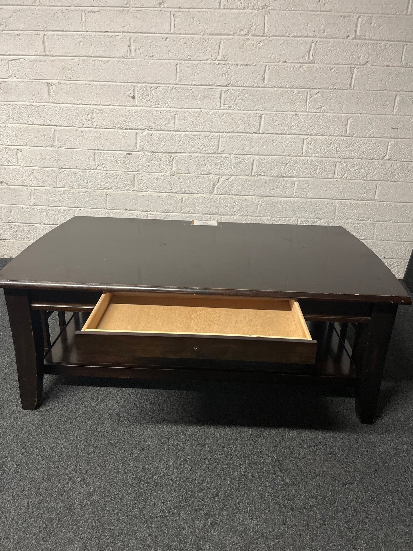 Solid low dark wood stained large rectangular coffee table with drawers (H 53 x W  127 x D 77 cm) 2225