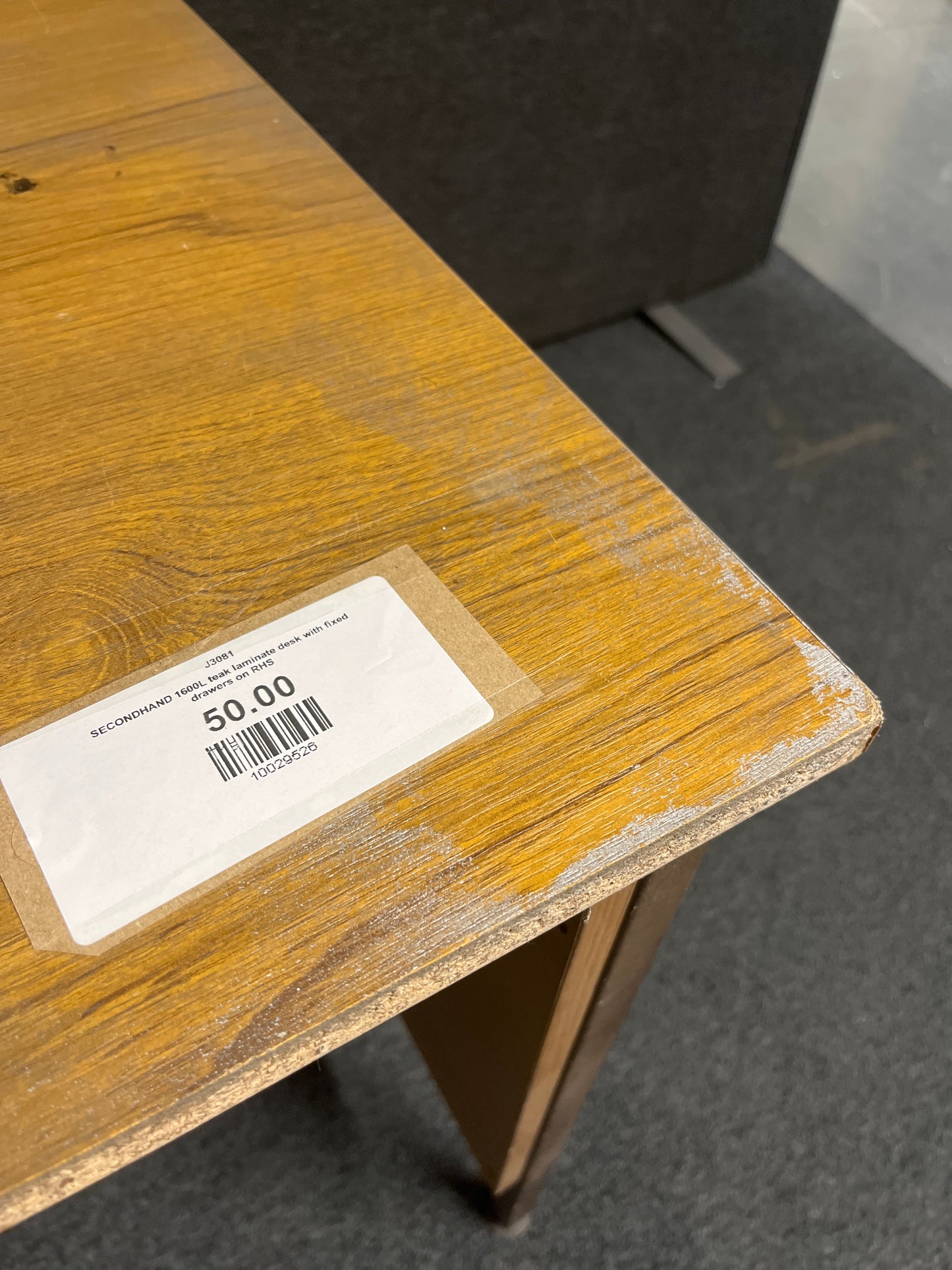 SECONDHAND teak laminate desk with fixed drawers on RHS
