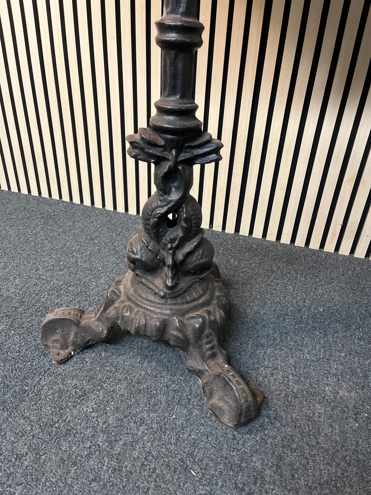 Tall ornate orignal cast iron 3 stem table base with wooden top 77Wx104H 1425