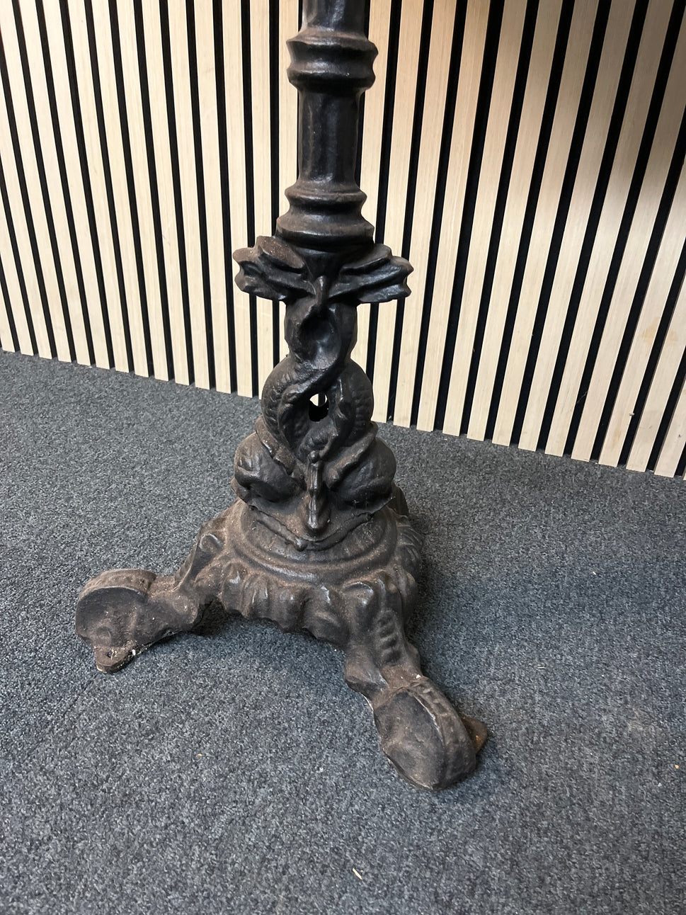 Tall ornate orignal cast iron 3 stem table base with wooden top 77Wx104H 1425