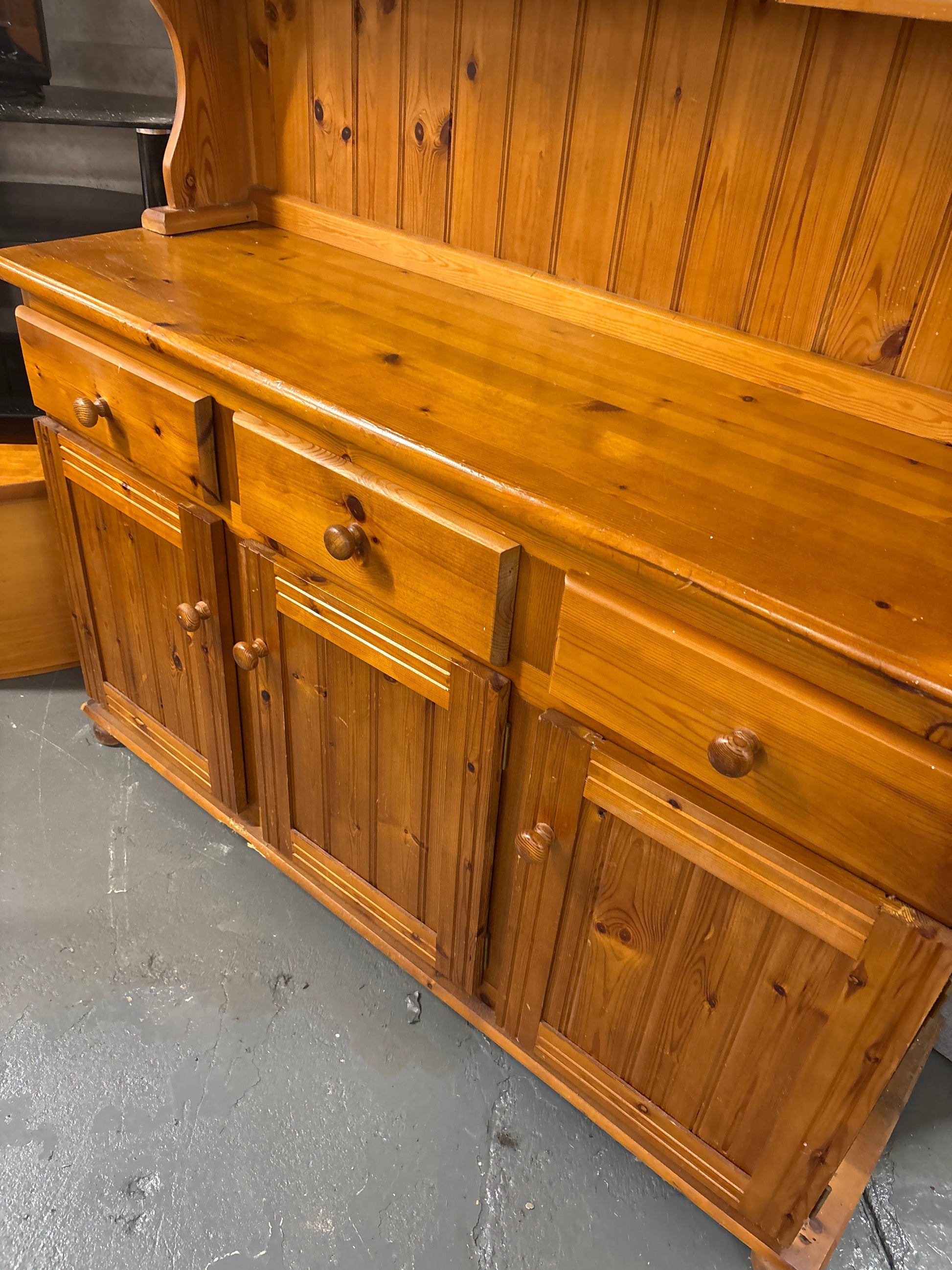 Tall natural pine 3 glass door top section, 3 drawer 3 door kitchen dresser 3125