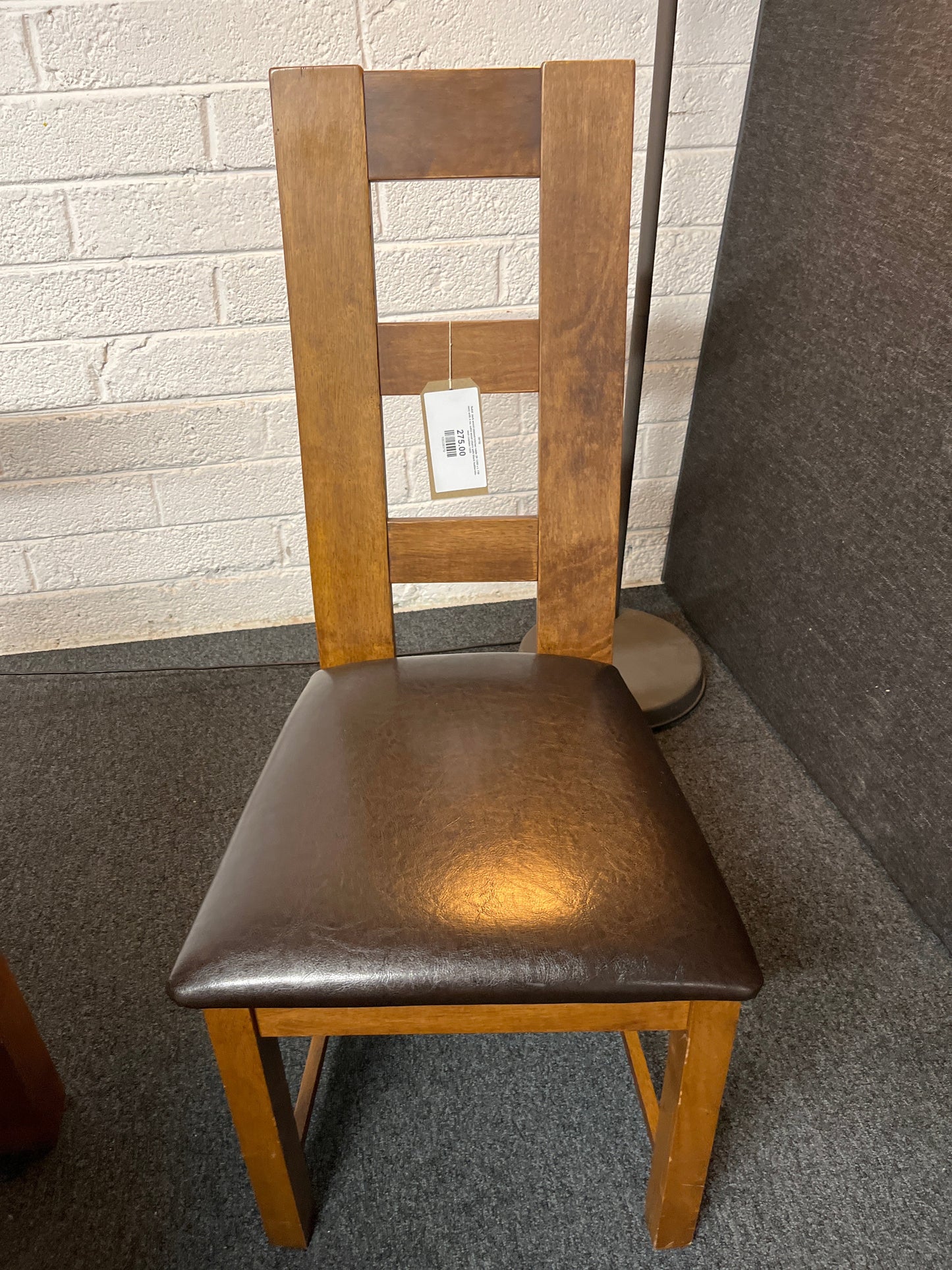 Solid  dark wood stained kitchen table (W 1200 x L 750 mm) with 4 no. solid wood chairs with black leatherette seat cushion 1225