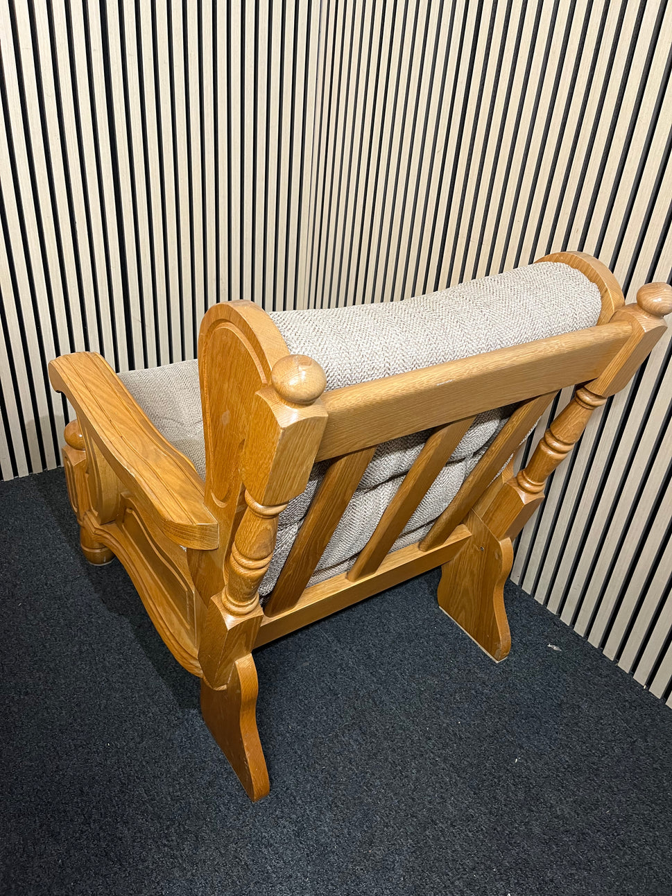 Solid Dutch Oak framed armchair with light brown fabric cushions Imported from South Africa 2425