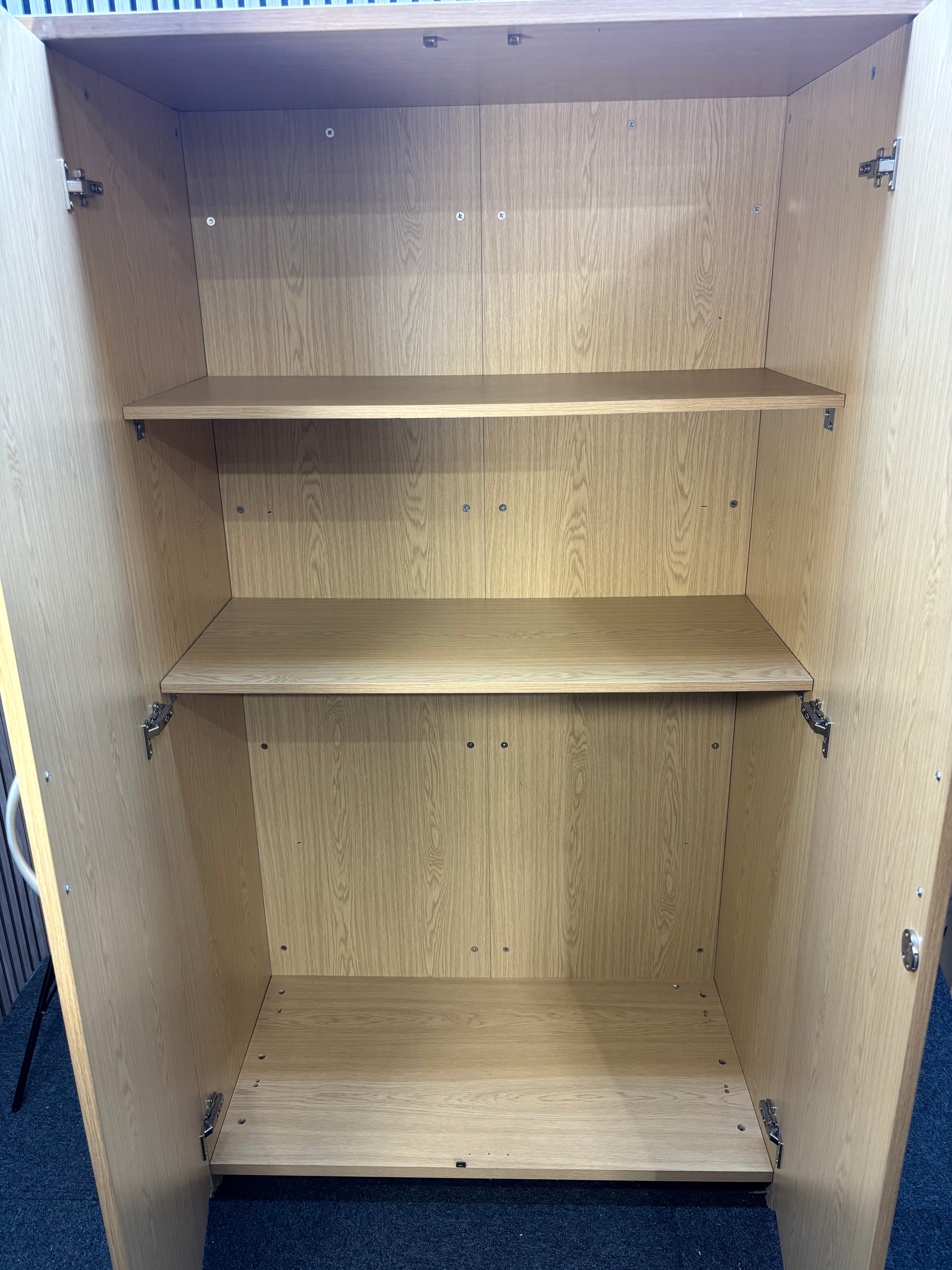 Tall dark oak 2 door storage unit with internal shelves and silver handles 189Hx106Wx60D  J3933