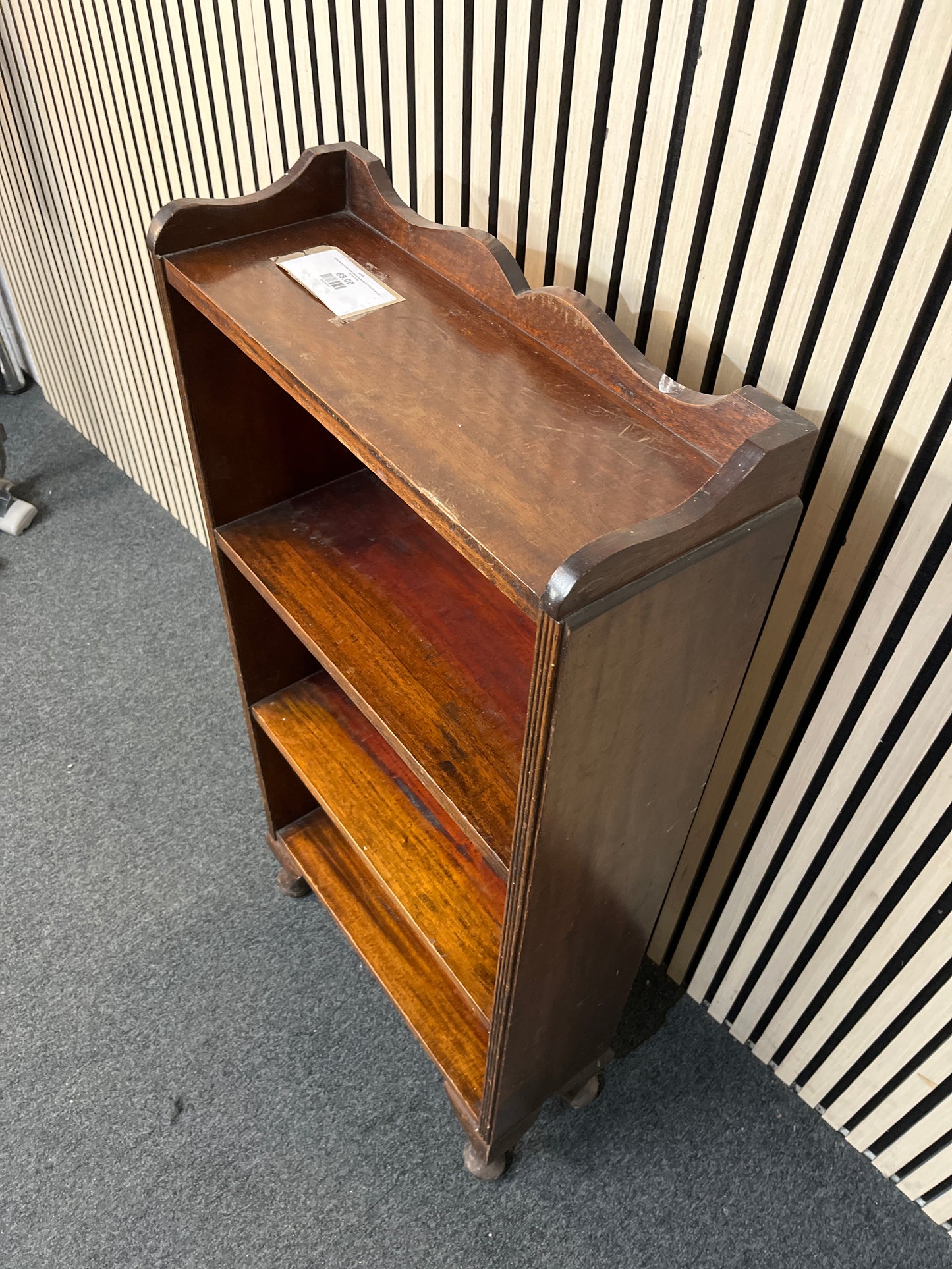 Teak stained small slim open bookcase (H 112 x W 54 x D 22 cm) 3126