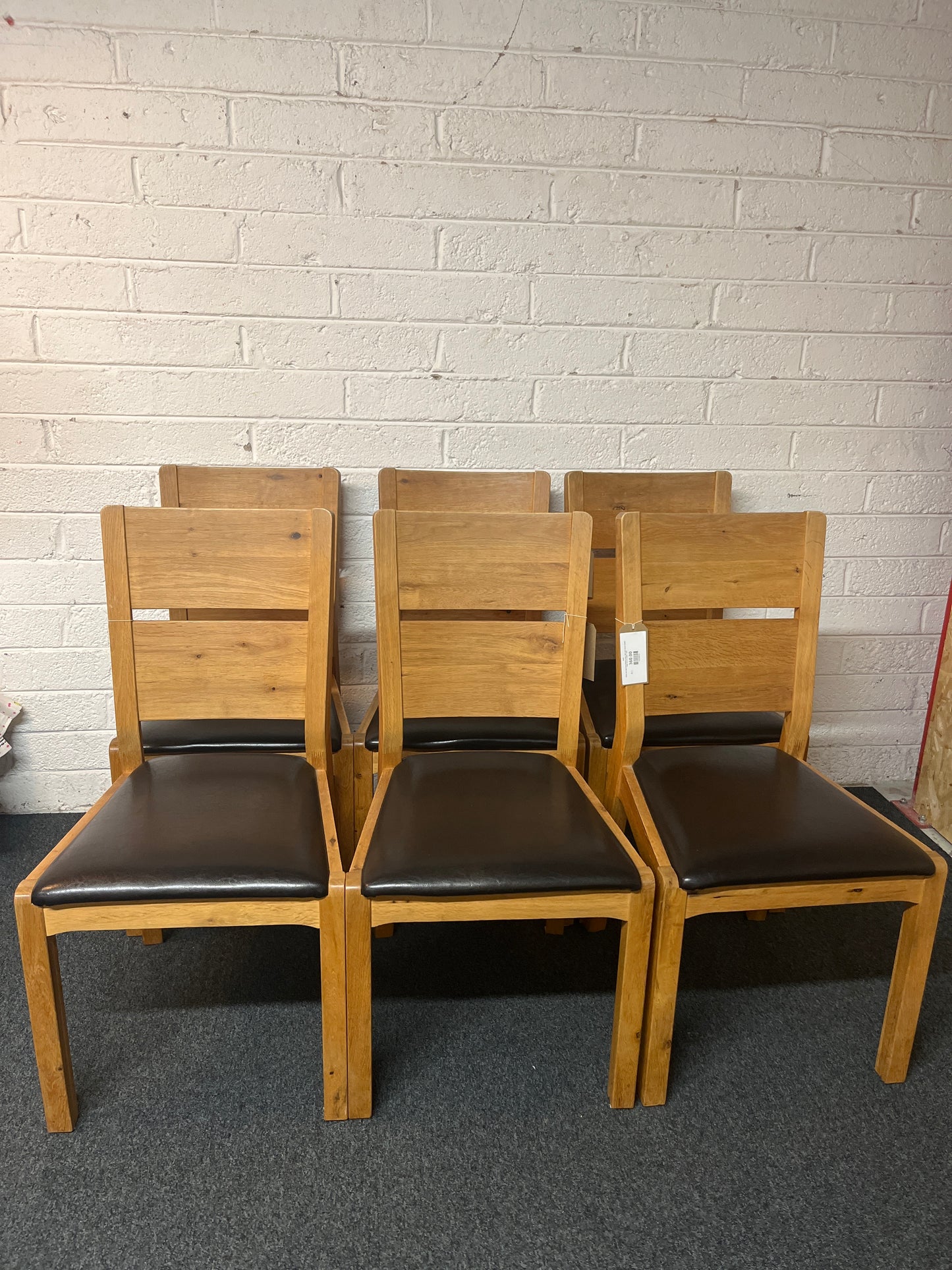 Solid oak high back kitchen chair with dark brown leather seat- set of 6 chairs 1325