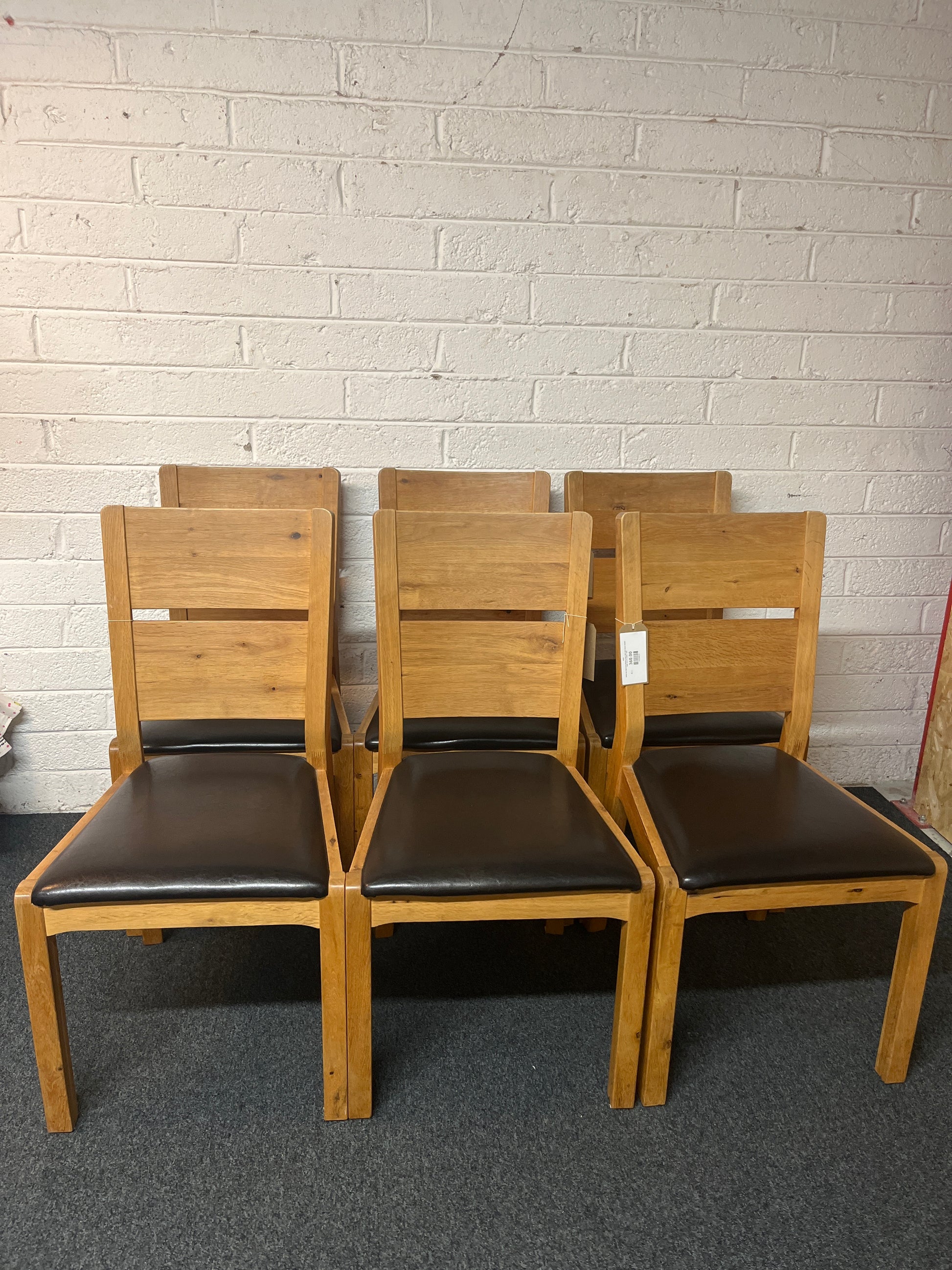 Solid oak high back kitchen chair with dark brown leather seat- set of 6 chairs 1325