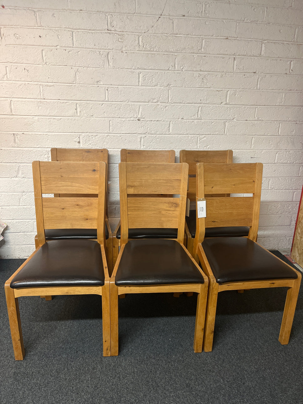 Solid oak high back kitchen chair with dark brown leather seat- set of 6 chairs 1325