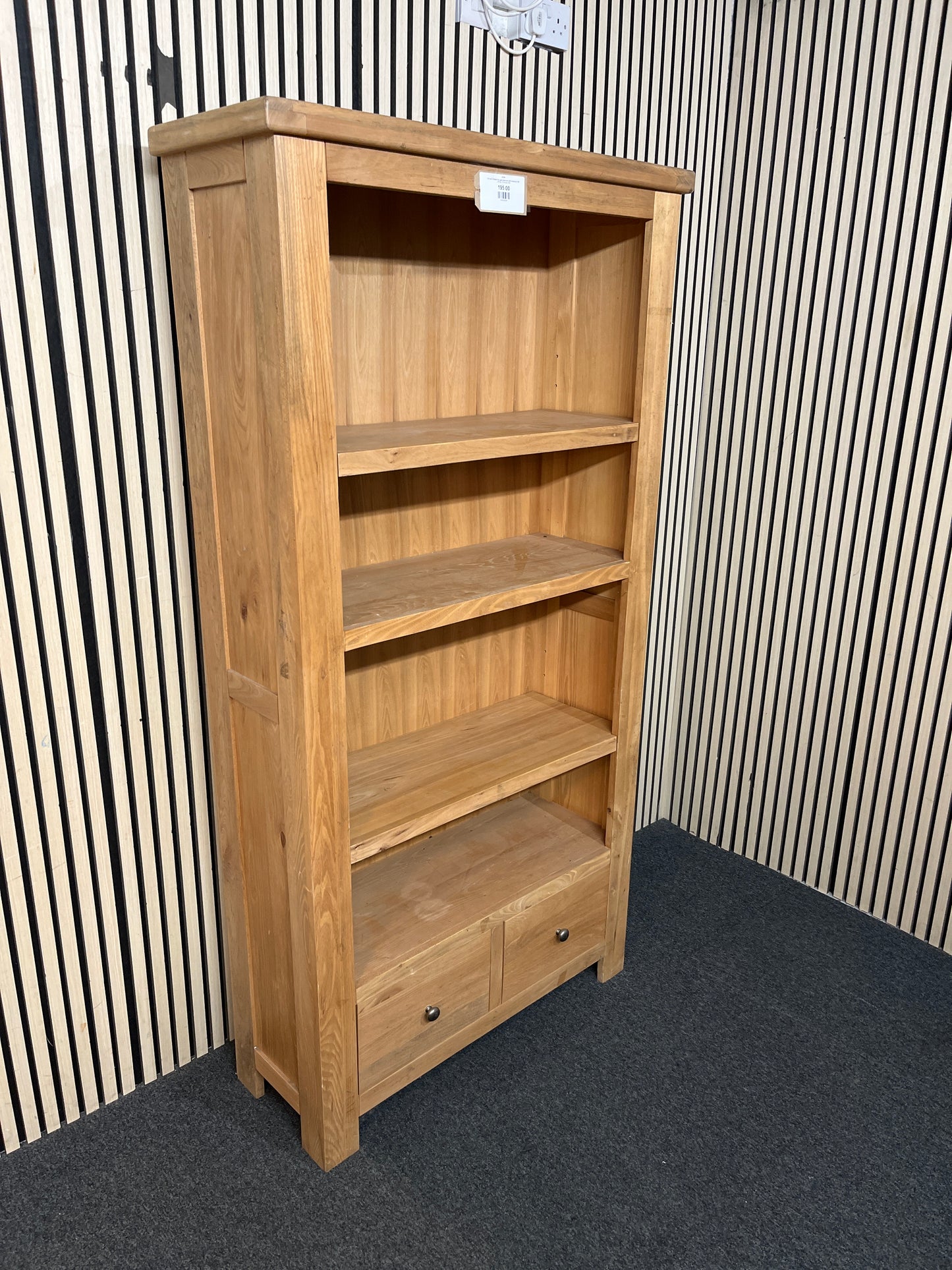 Tall oak 2 drawer top open bookcase with shelves (H 185 x W 95 x D 35 cm) 3126