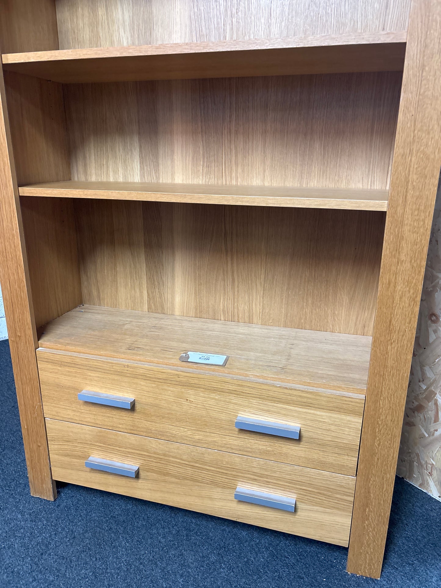 Tall Oak laminate open fronted bookcase with 2 drawers (H  188 x W 100 x D 53 cm) 1325