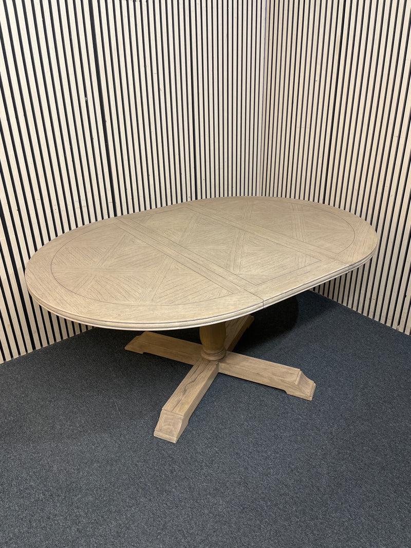 Limed oak circular extendable dining table with coloumn base (diameter 120 cm + 45 cm extension)  44800