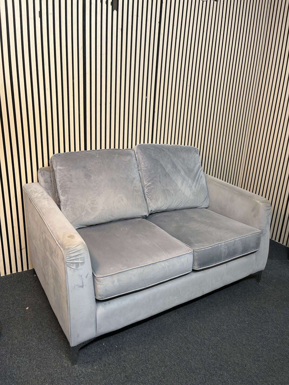 2 seater light grey suede effect high back sofa 3126