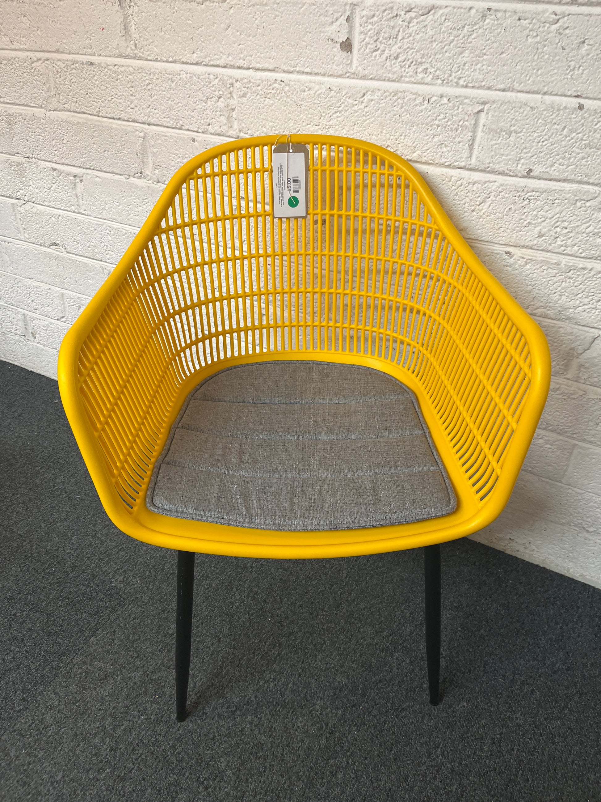 NEW Metro INDOOR OR OUTDOOR dining chair, SUNSHINE YELLOW moulded plastic with tailored fabric seat. OTHER COLOURS AVAILABLE. LARGE QTYS AVAILABLE