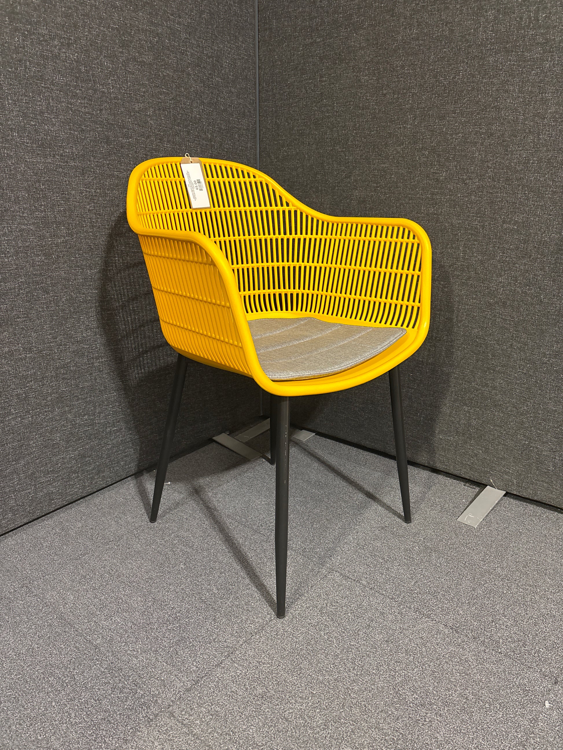 NEW Metro INDOOR OR OUTDOOR dining chair, SUNSHINE YELLOW moulded plastic with tailored fabric seat. OTHER COLOURS AVAILABLE. LARGE QTYS AVAILABLE