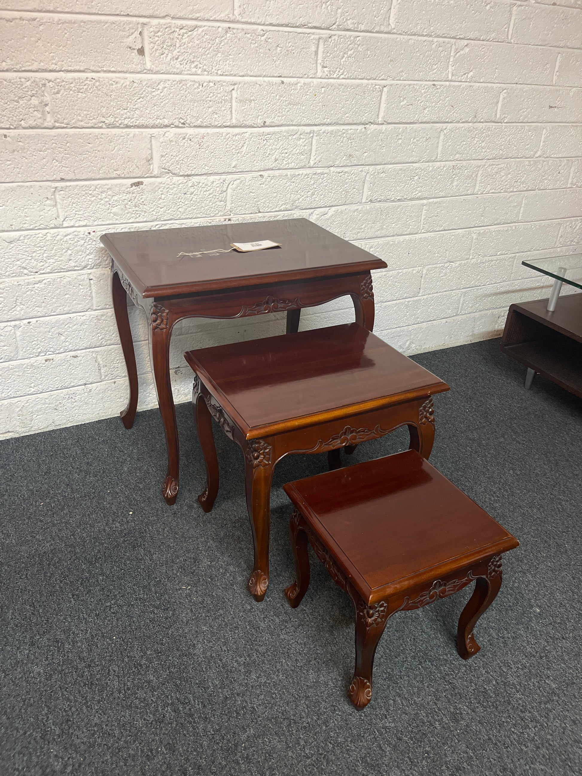 Ornate nest of 3 solid mahogany tables 3225