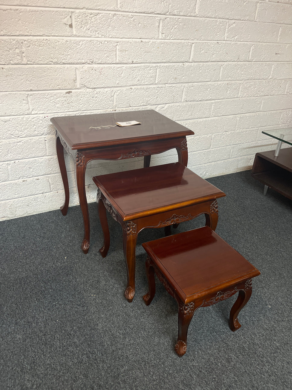 Ornate nest of 3 solid mahogany tables 3225
