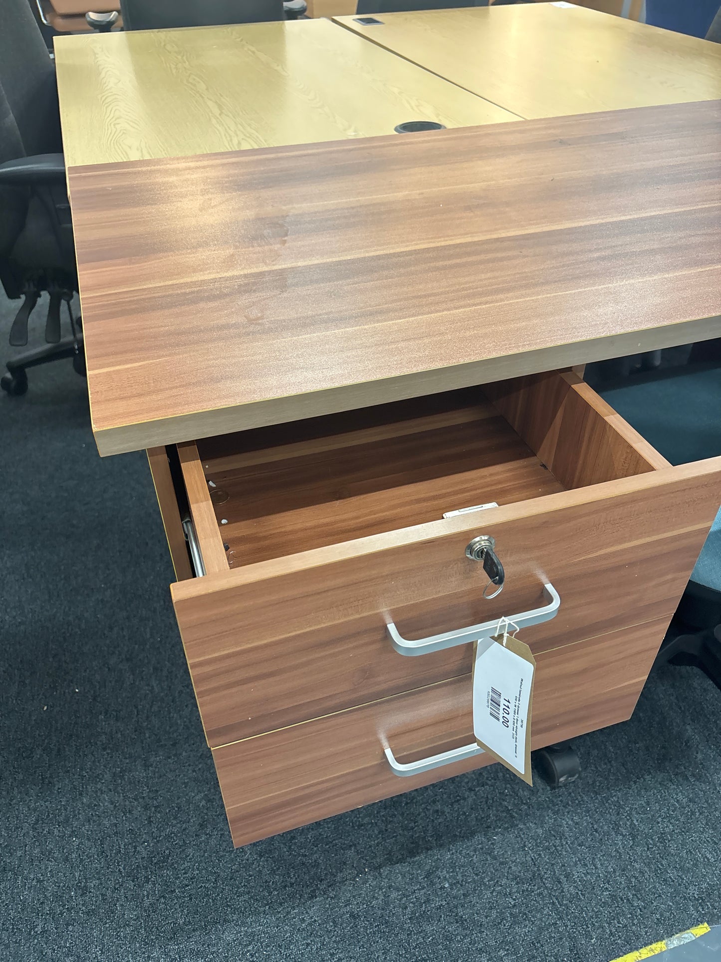 Walnut laminate 3 drawer 1 door straight desk, dresser  H 650 x W 1500 x D 650 mm  3125