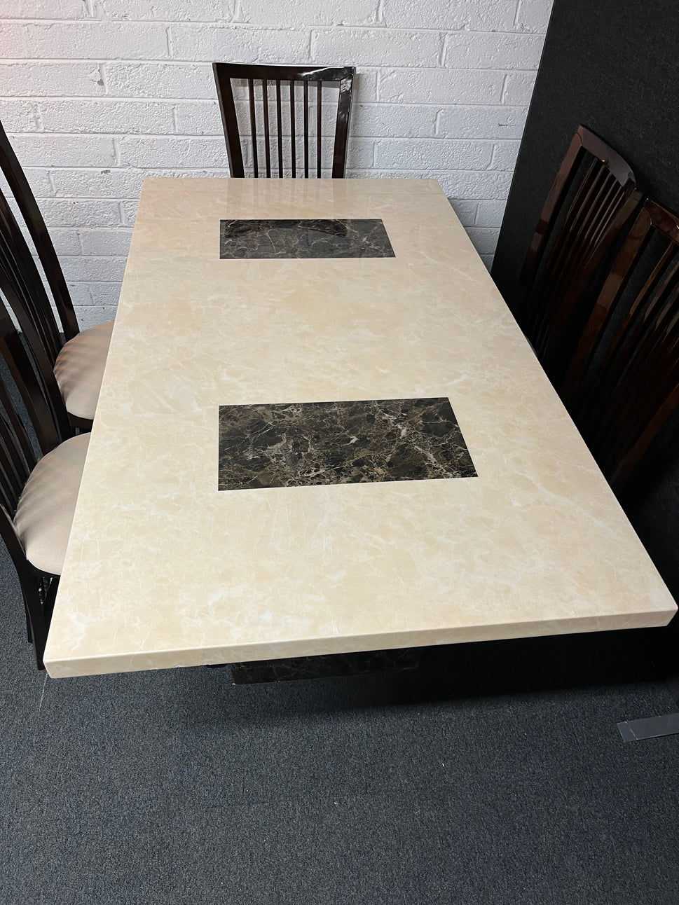 Marble effect large rectangular table (L 180 x W 100 cm) with 6 dark wood stained kitchen chairs with fabric seat 3225