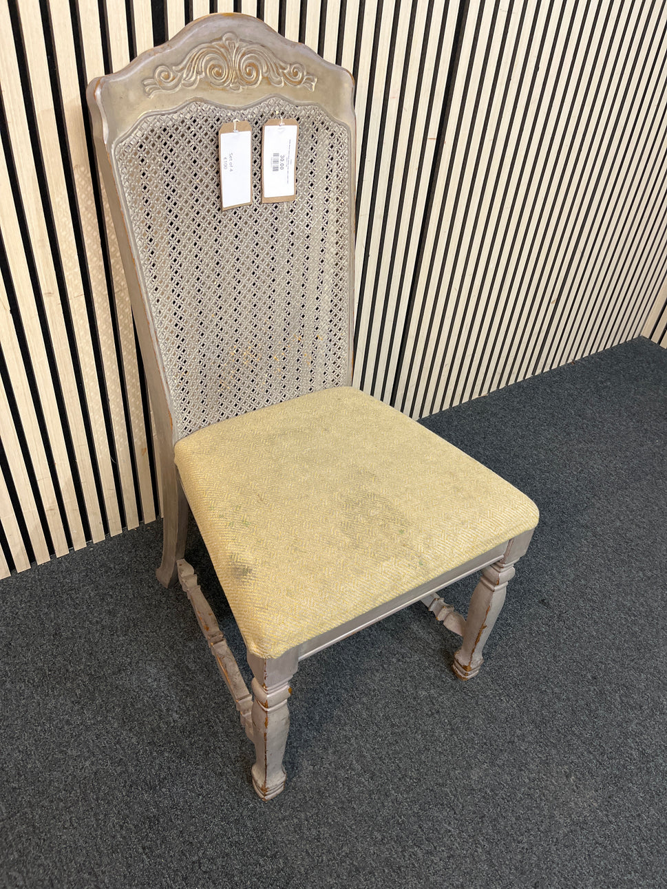 Solid wood rattan back dining chair with cream seat fabric 1126