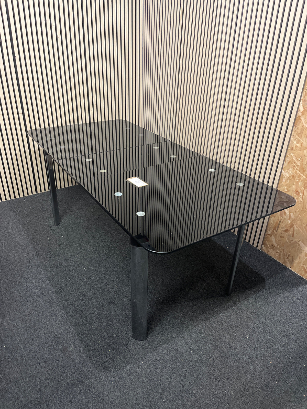 Rectangular extendable black glass dining table with chrome legs (L 145 - 180 x W 85 cm)  44366