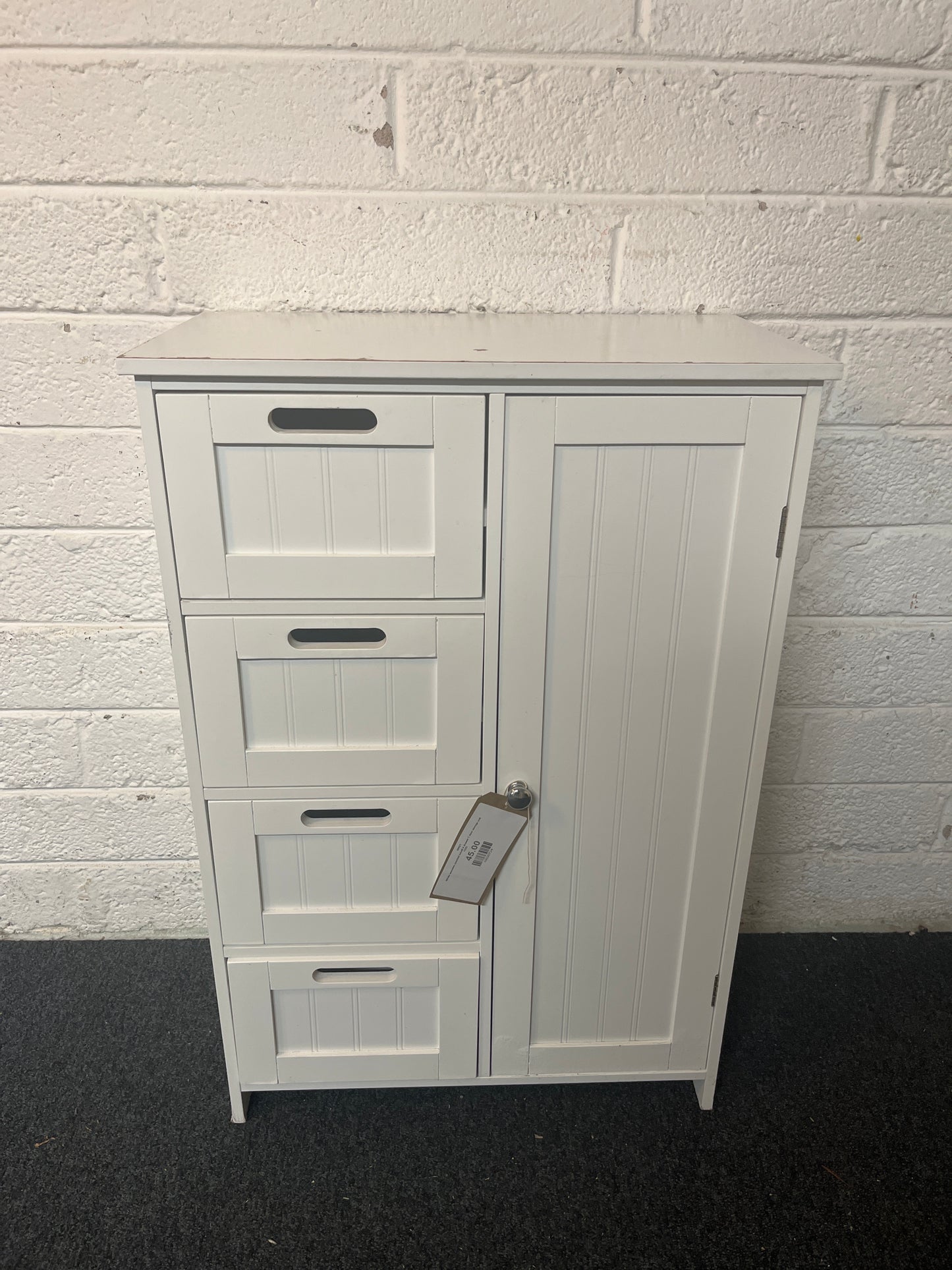 White wooden painted small 4 drawer 1 door storage unit 1325