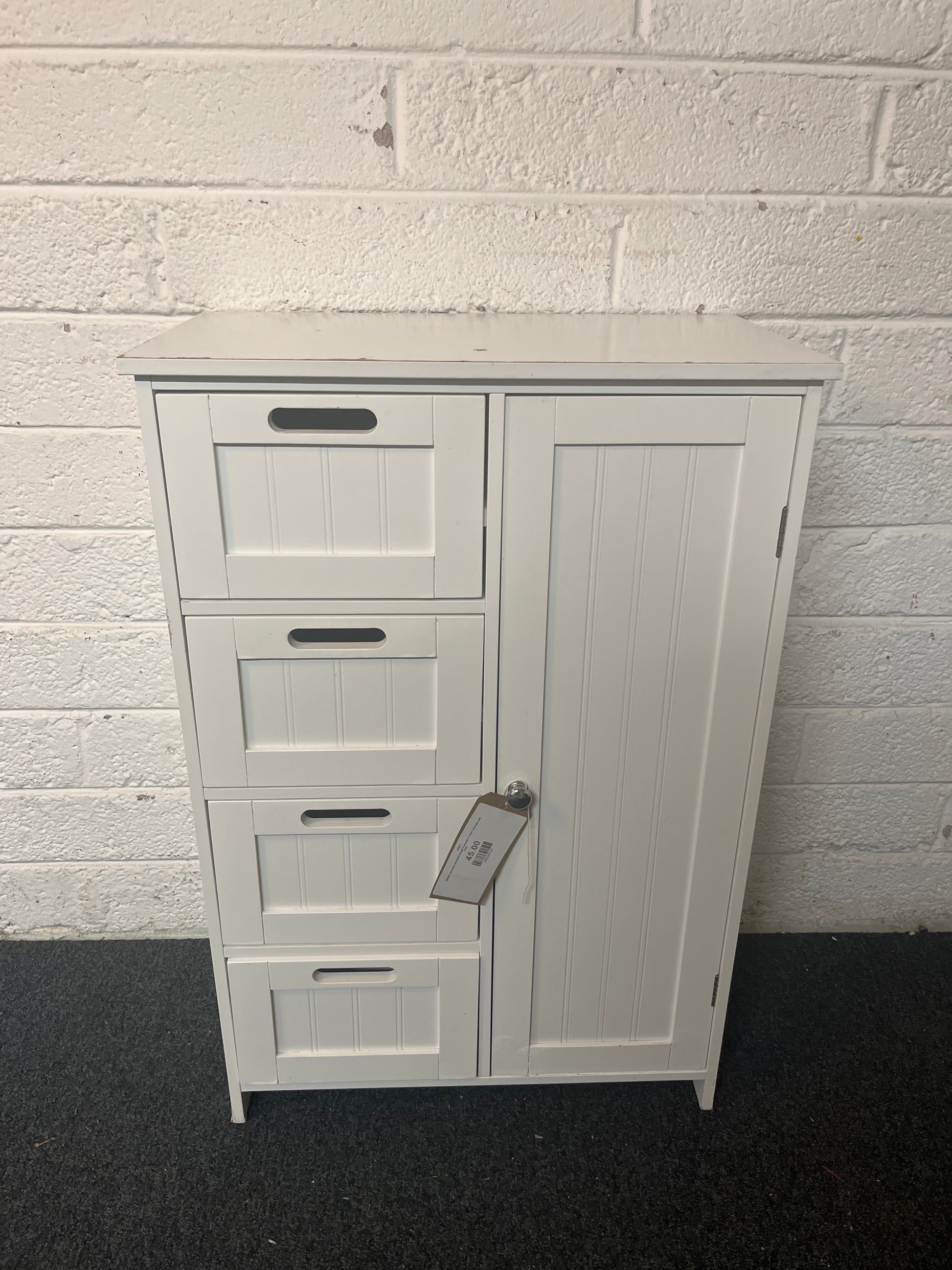 White wooden painted small 4 drawer 1 door storage unit 1325
