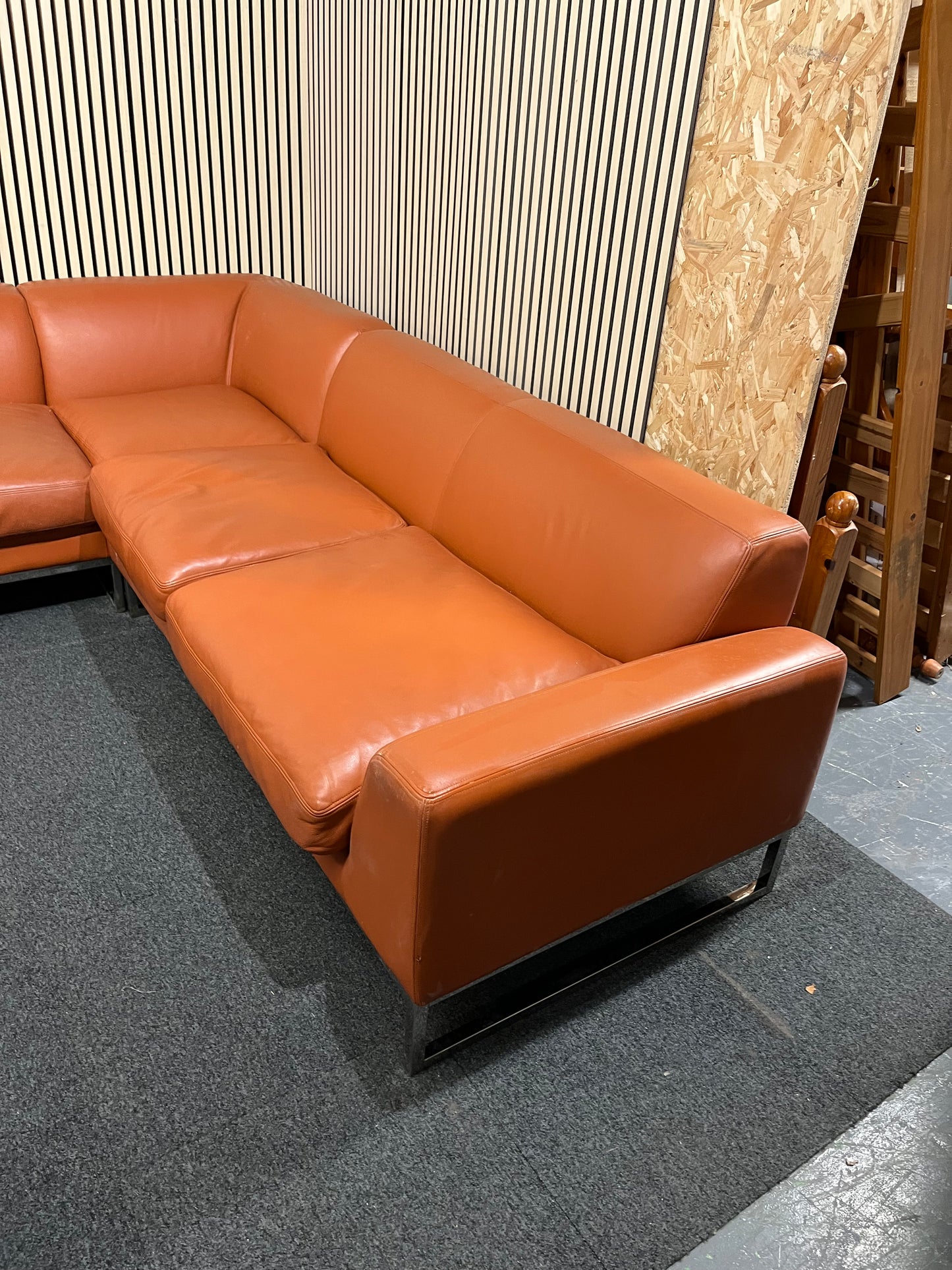 Real brown leather corner suite with silver legs (2.5 meters each side) 3325