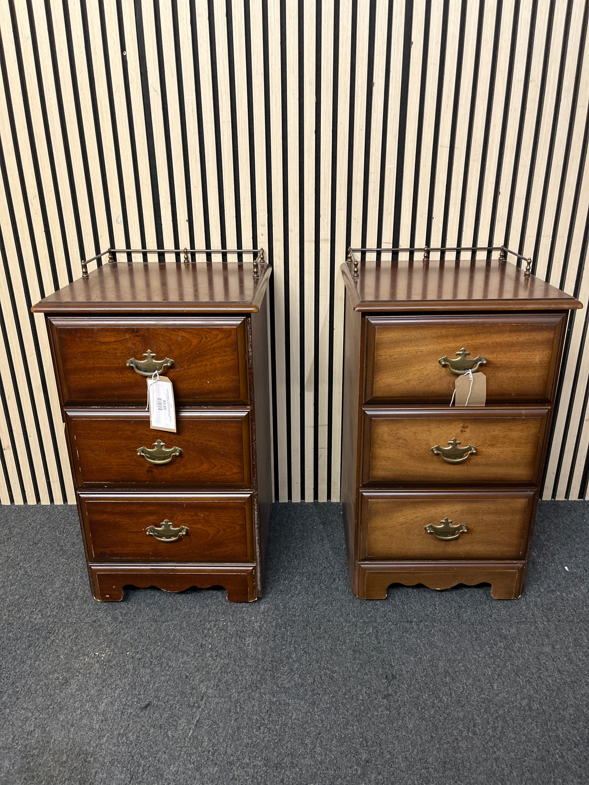 Matching mahogany 3 drawer bedside lockers with brass trim and handles (SET OF TWO)  44292