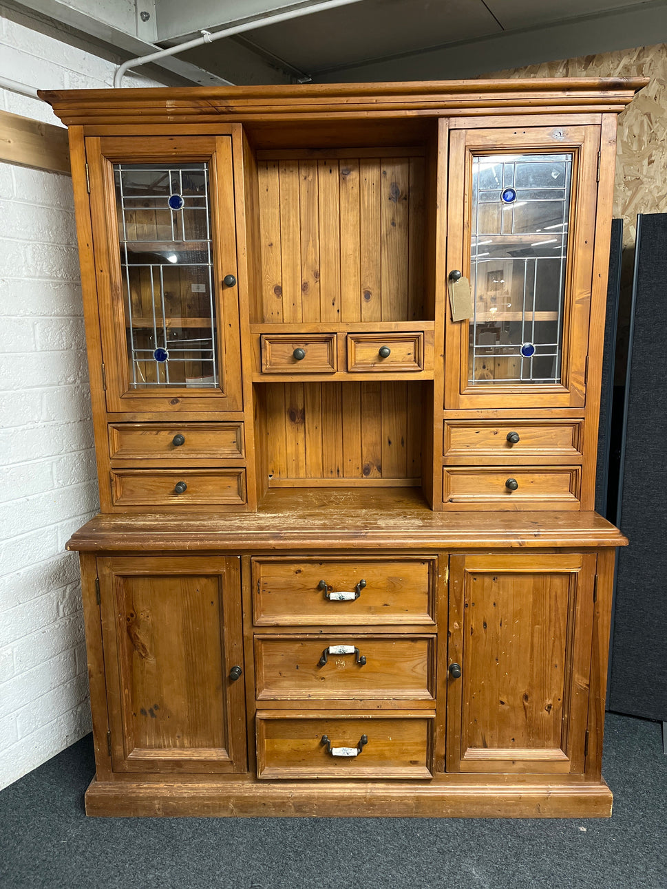 Large solid pine stained 2 glass door kitchen dresser with base storage (H 2120  x W 1660 x D 580 mm) 1225