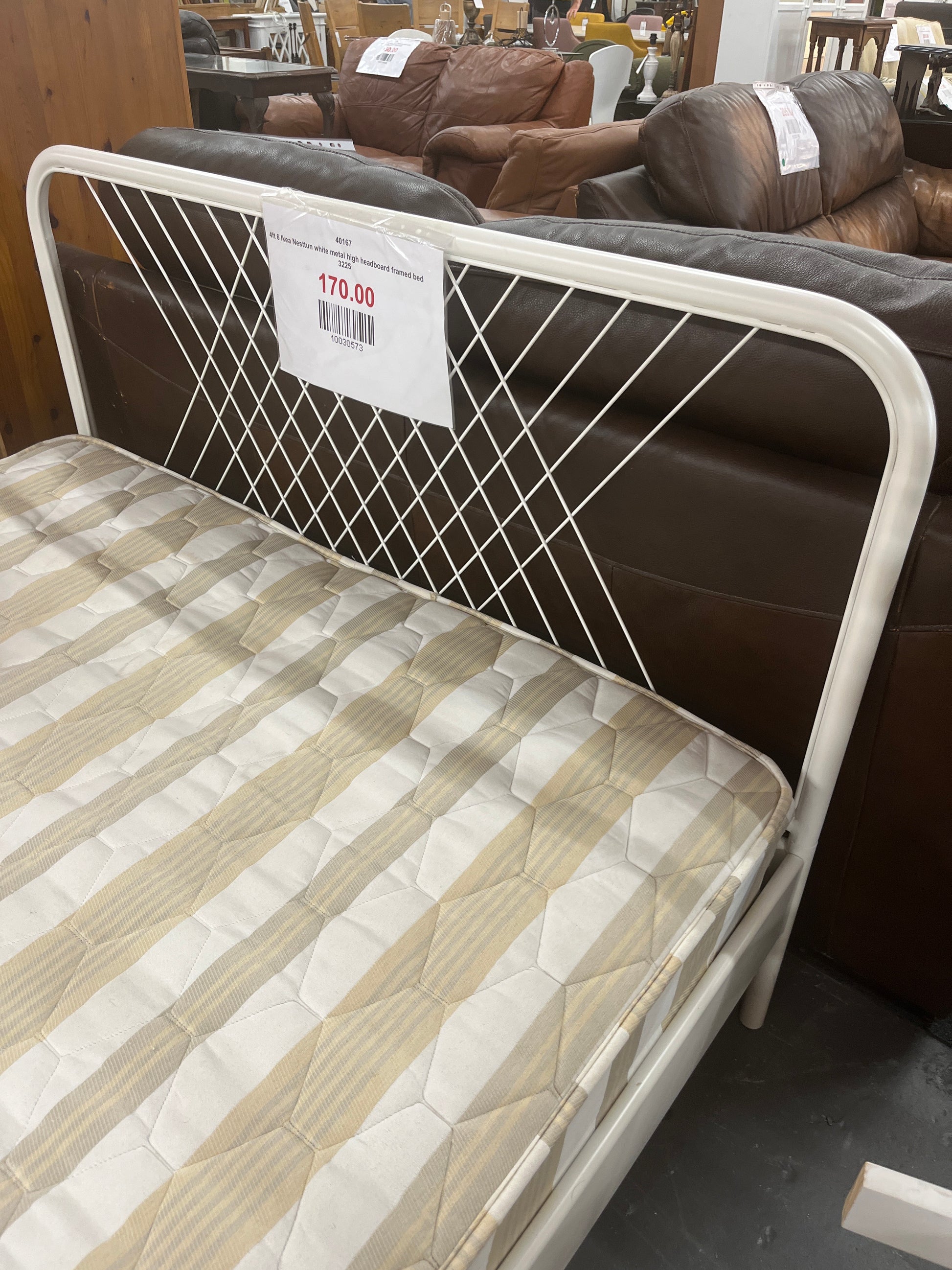 4ft 6 Ikea Nesttun white metal high headboard framed bed 3225