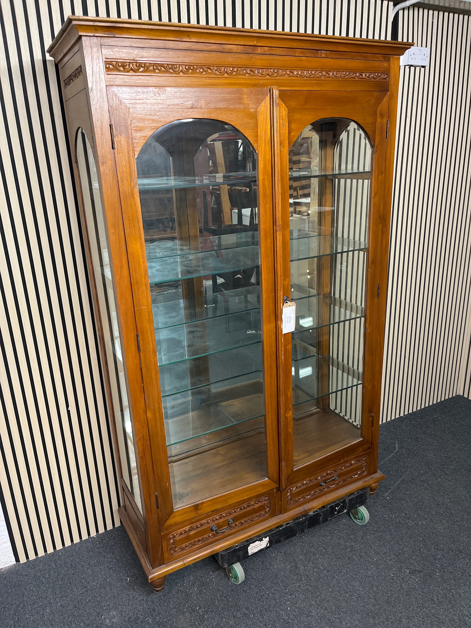 Solid dark wood carved details large 2 glass door 2 drawer display unit (H 200 x W 122 x D 45 cm) 1325