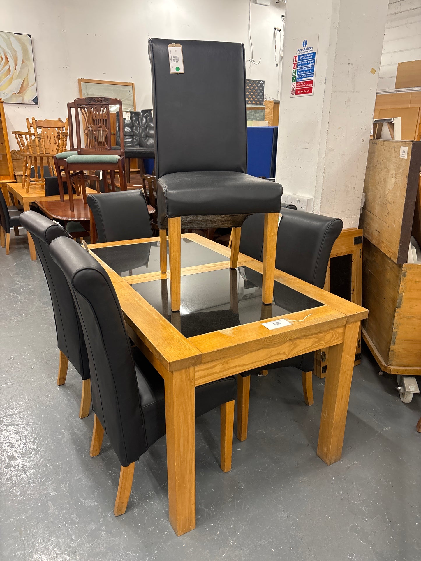 Solid oak and black granite large extendable dining table 43475