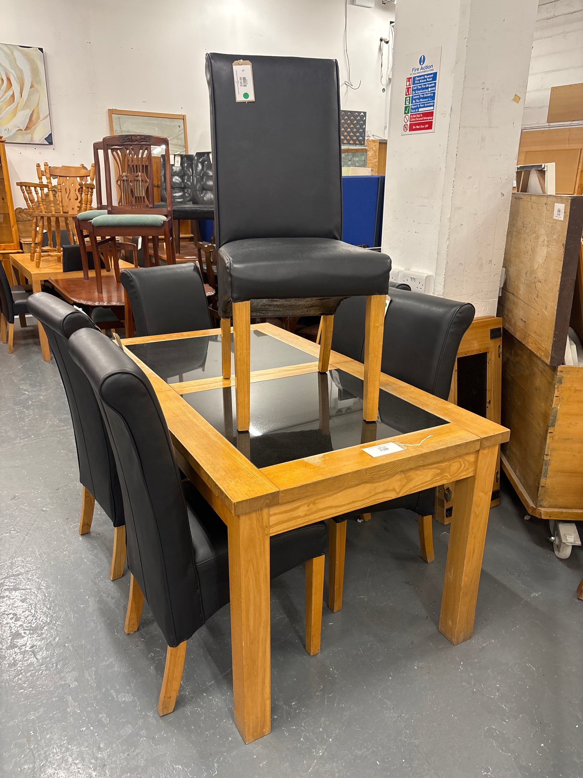 Solid oak and black granite large extendable dining table 43475