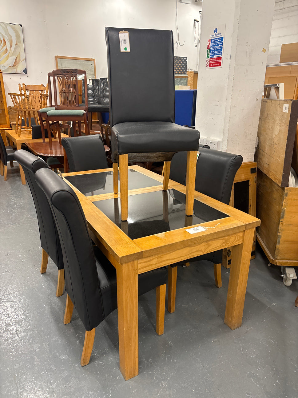 Solid oak and black granite large extendable dining table 43475
