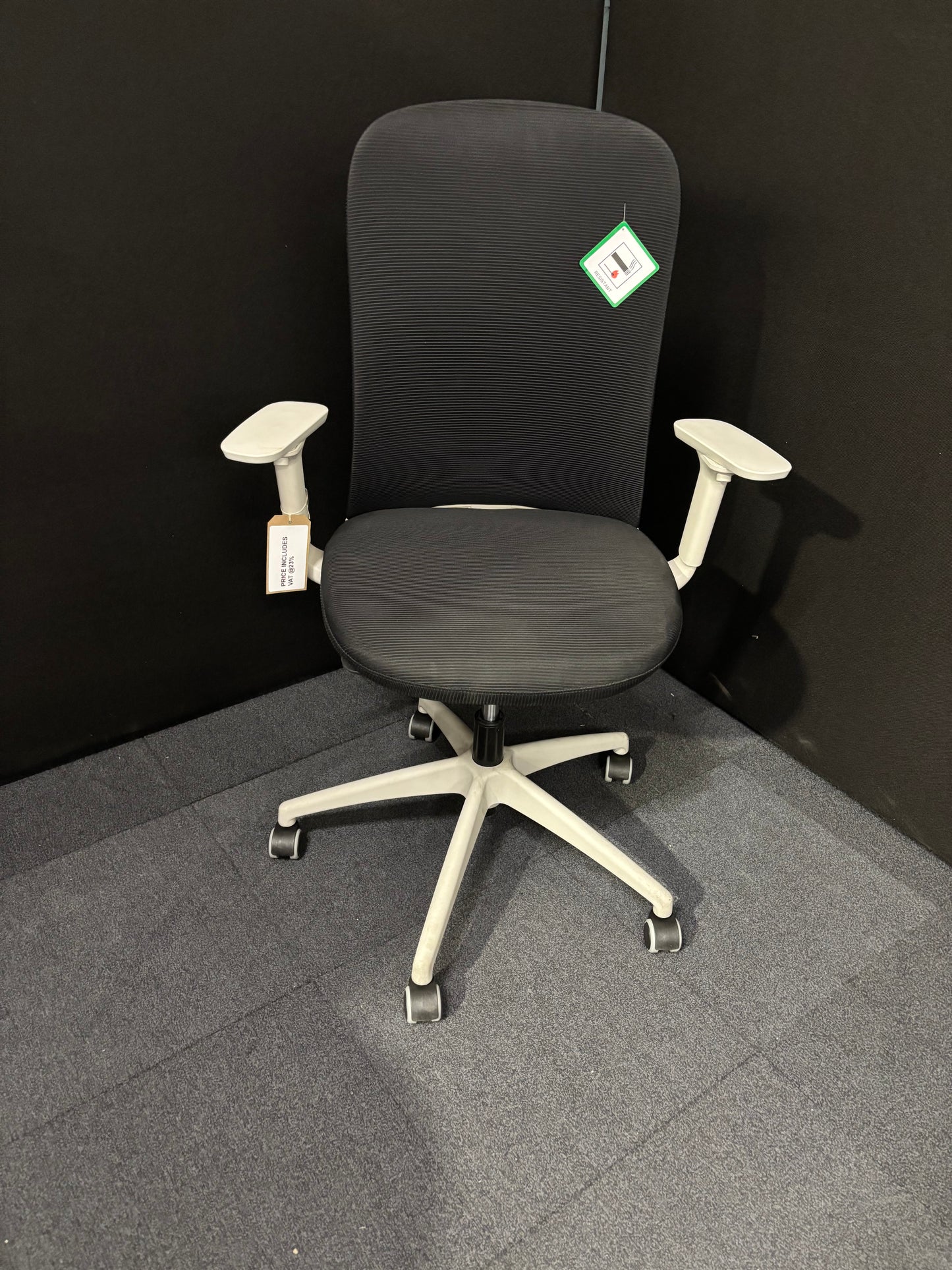 Sway black mesh back adjustable operator chair with black fabric seat, grey frame and base, price inc vat