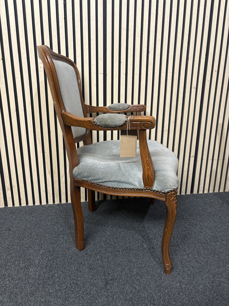 Italian Limogue Carved wooden armchair with grey fabric upholstery and stud detailing - Upcyling project  44729