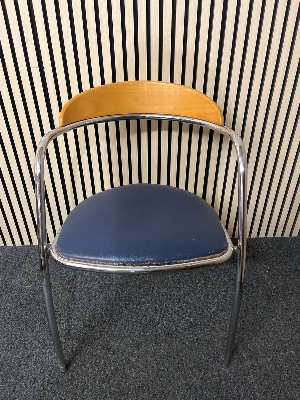 Chrome framed, beech curved back, navy vinyl seat fabric stacking chair 1425