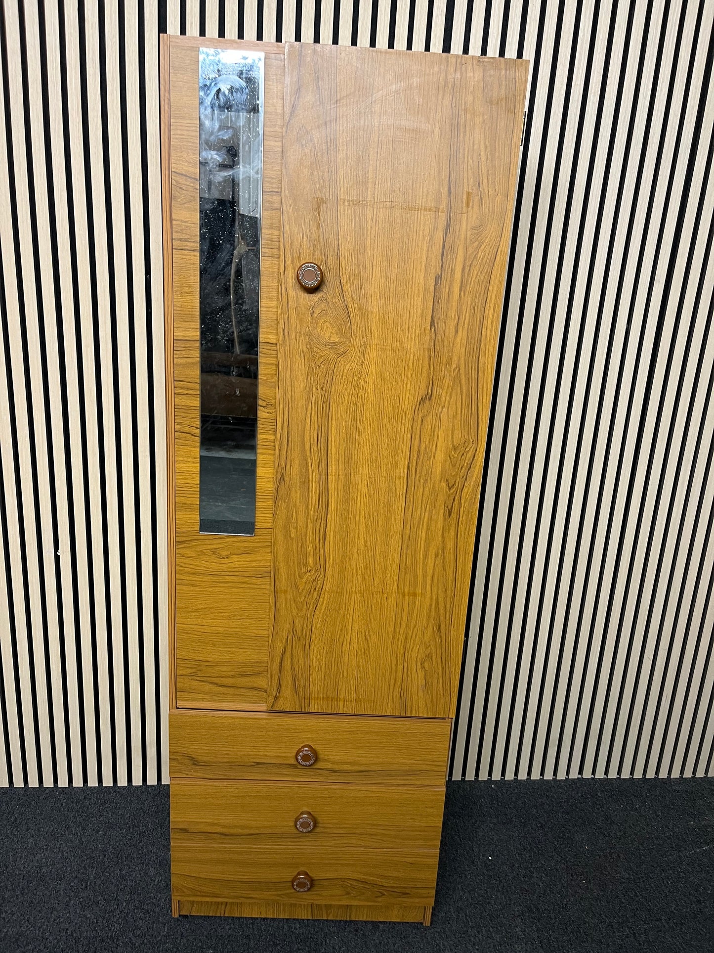 Tall Teak laminate 1 door 3 drawer wardrobe with mirror (H 178 x W 58 x D 46 cm) 2325