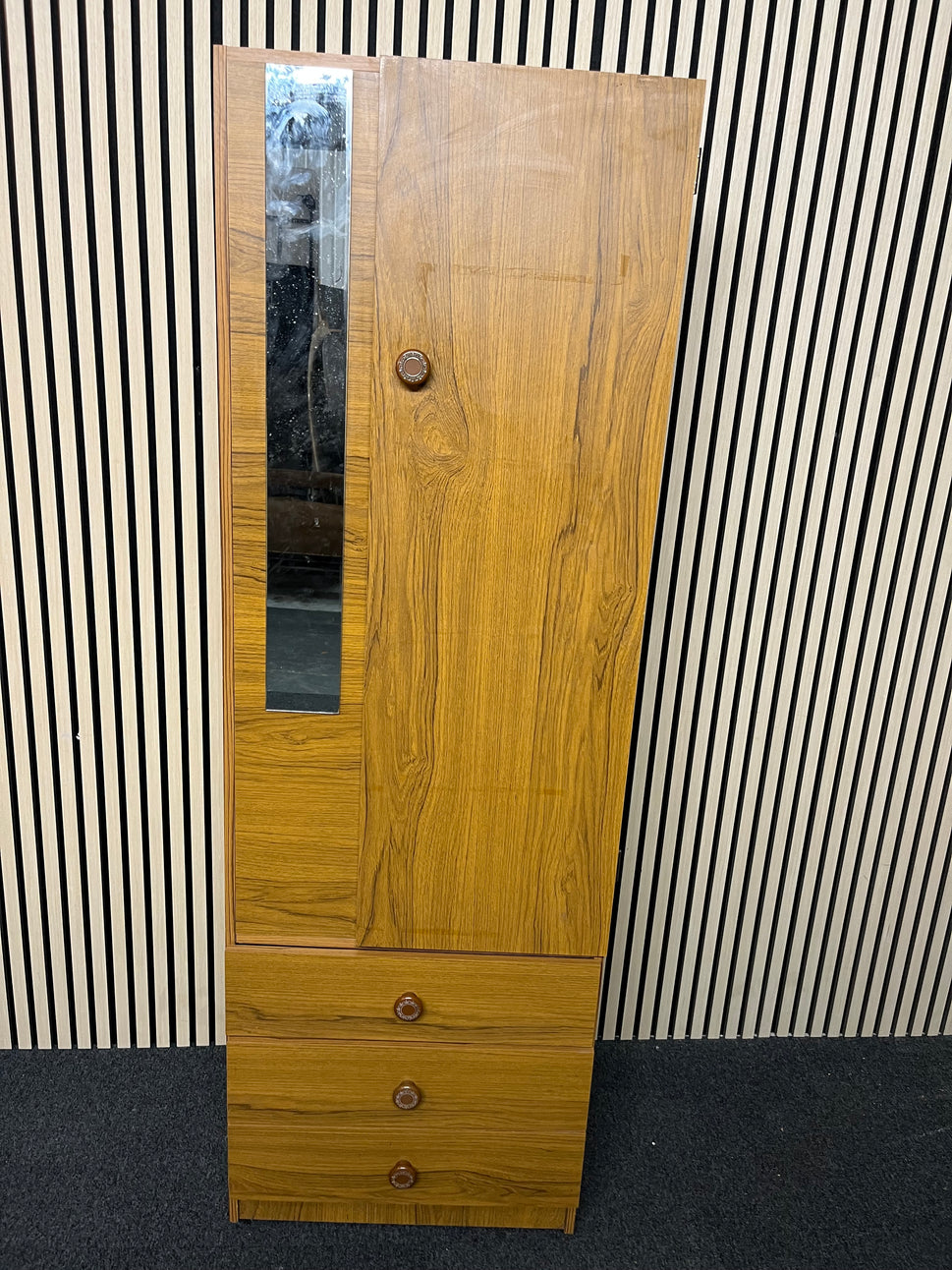 Tall Teak laminate 1 door 3 drawer wardrobe with mirror (H 178 x W 58 x D 46 cm) 2325
