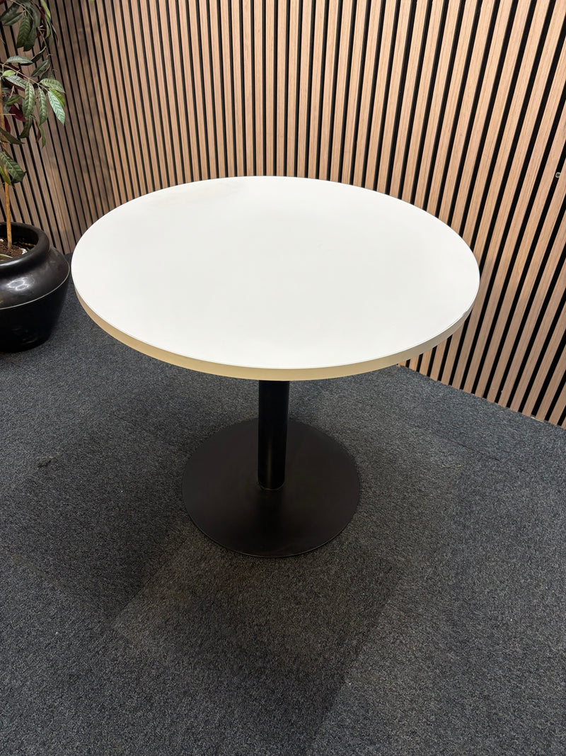 Monza circular dining table with flat black round base and white 800mm diameter table top