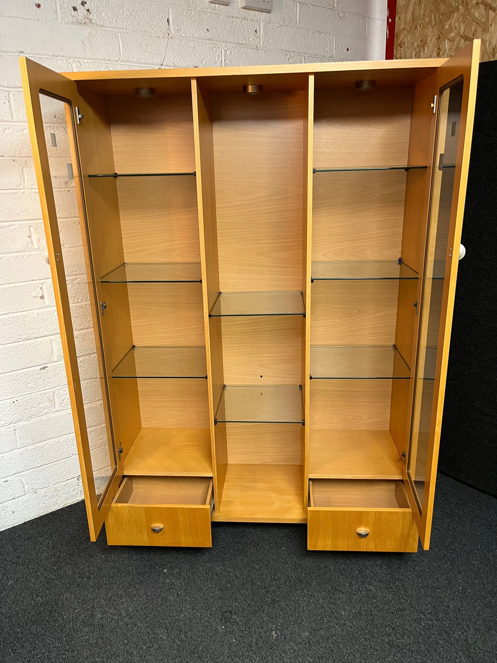 Tall beech 2 glass door 2 drawer display unit with lights (H 176 x W 120 x D 40 cm) 2225