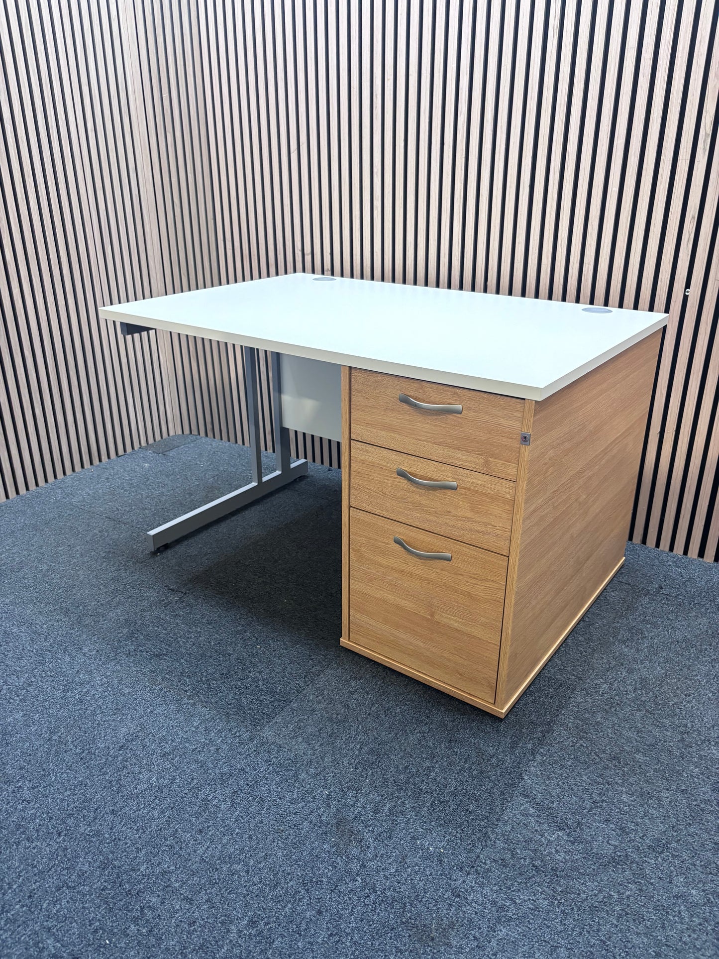 New White 1200 x 800 top with oak desk high pedestal - price Inc 23% VAT