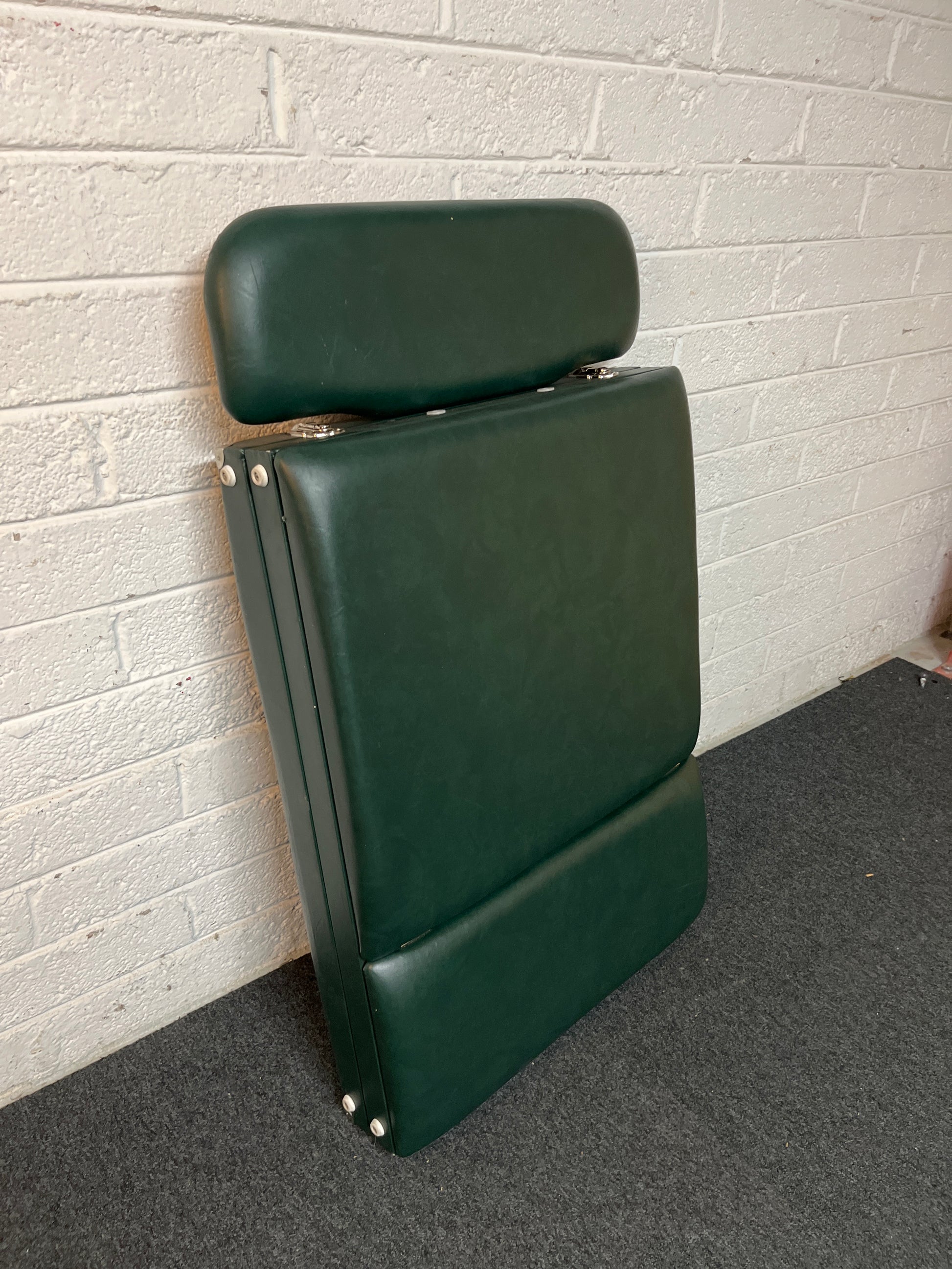 Metal and wood framed, folding Massage table in green PU leatherette with headrest  2225