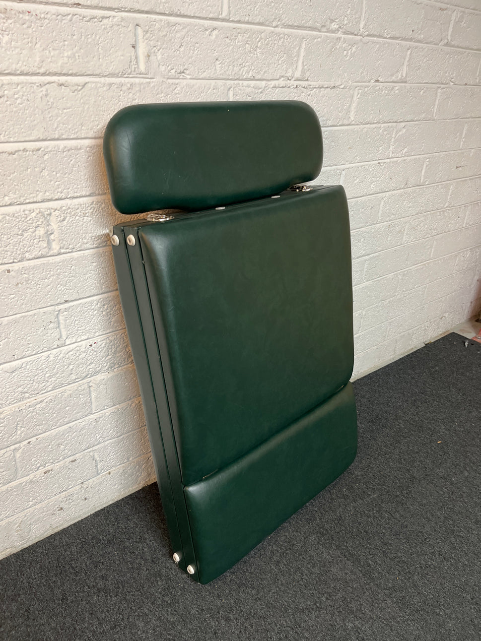 Metal and wood framed, folding Massage table in green PU leatherette with headrest  2225