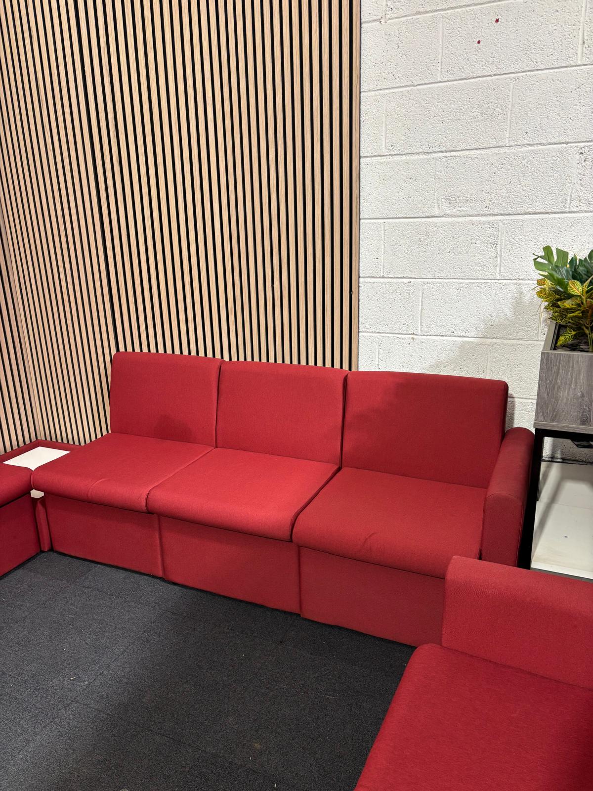 Una modular soft seating L shape sofa + 2 seater with matching coffee table in soft red fabric