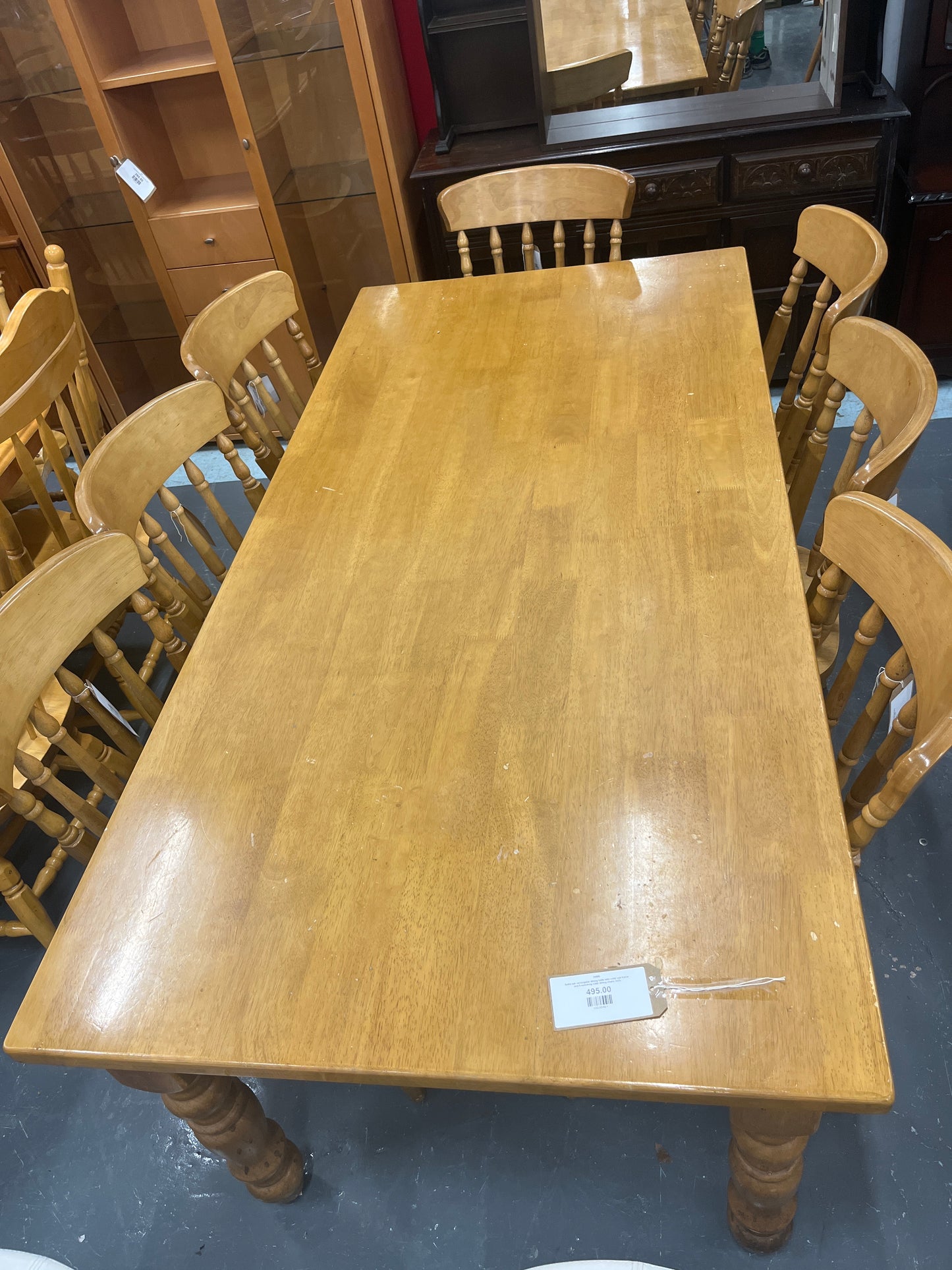 Solid oak rectangular dining table with solid oak frame and 8 matching solid dining chairs 3225