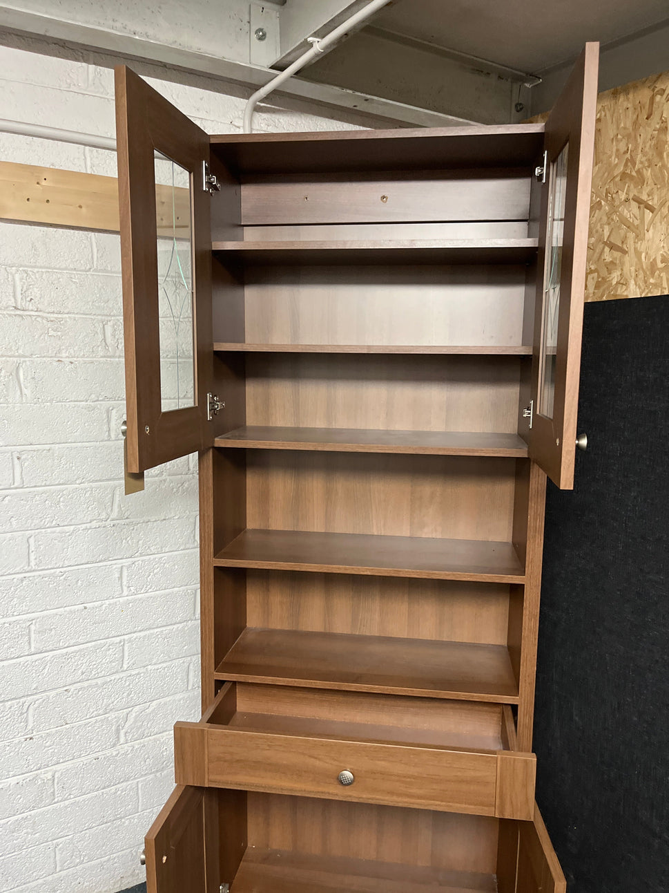 Tall walnut laminate 2 glass door display unit with drawer 2150Hx840Wx300D 2225