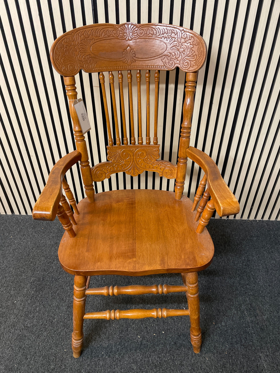 Ornate stained pine spindle back carver dining chair  1126